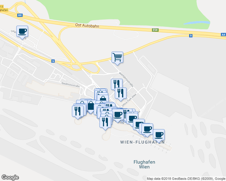 map of restaurants, bars, coffee shops, grocery stores, and more near Towerstraße in Schwechat