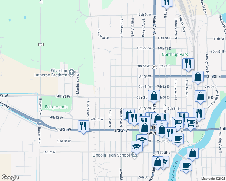 map of restaurants, bars, coffee shops, grocery stores, and more near 620 State Avenue North in Thief River Falls