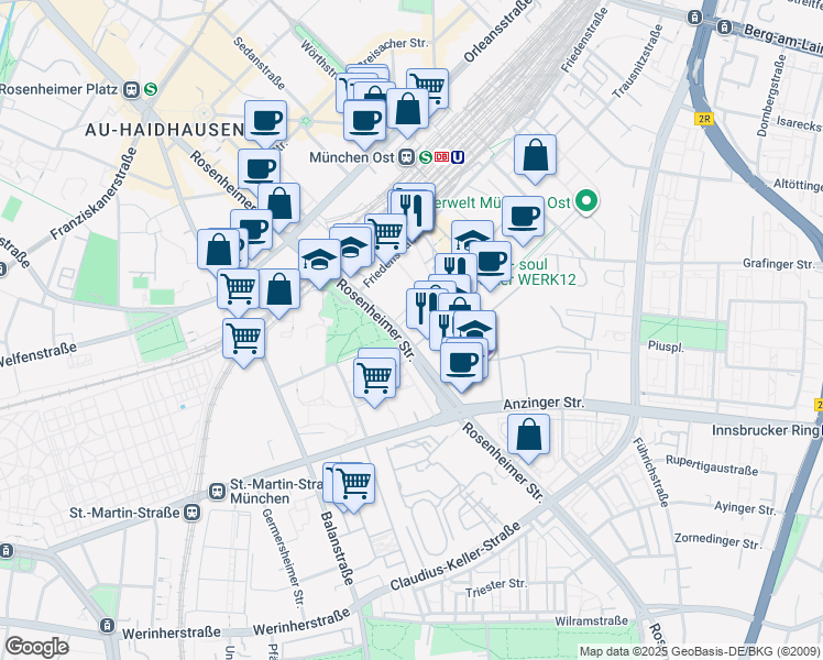 map of restaurants, bars, coffee shops, grocery stores, and more near 143 Rosenheimer Straße in München