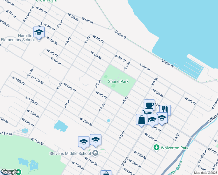 map of restaurants, bars, coffee shops, grocery stores, and more near 1310 West 8th Street in Port Angeles