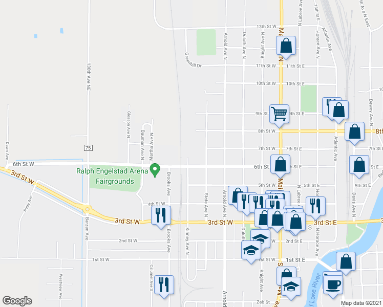 map of restaurants, bars, coffee shops, grocery stores, and more near 624 Kinney Avenue North in Thief River Falls