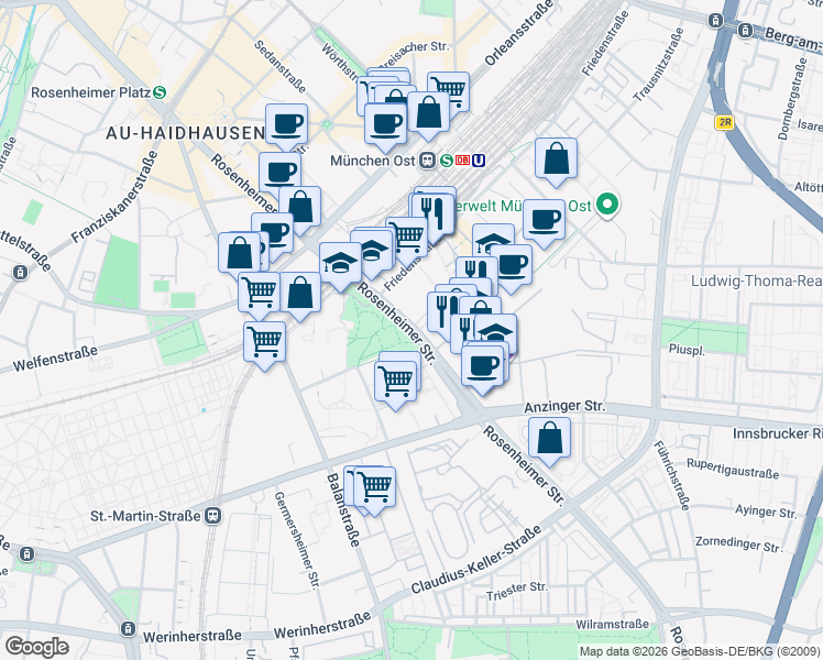 map of restaurants, bars, coffee shops, grocery stores, and more near Rosenheimer Straße in München