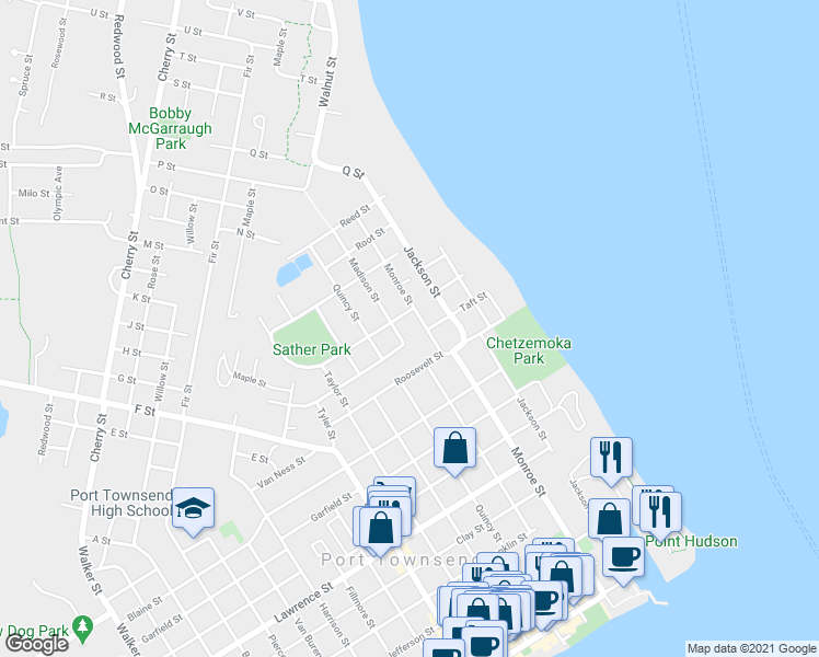map of restaurants, bars, coffee shops, grocery stores, and more near 519 Cosgrove Street in Port Townsend