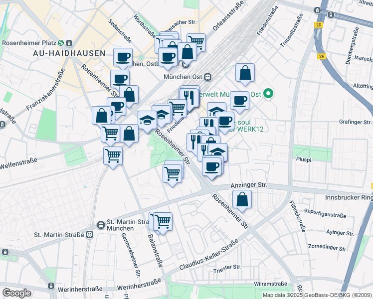 map of restaurants, bars, coffee shops, grocery stores, and more near 143 Rosenheimer Straße in München