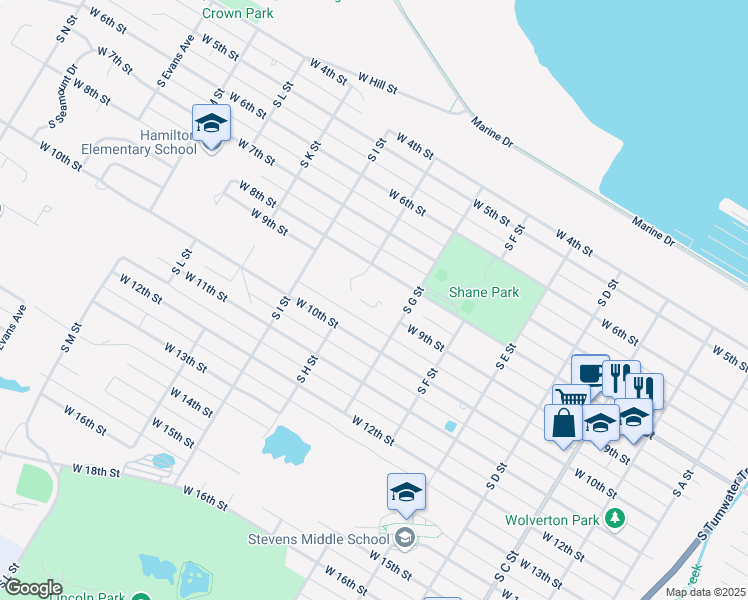 map of restaurants, bars, coffee shops, grocery stores, and more near 900 South G Street in Port Angeles