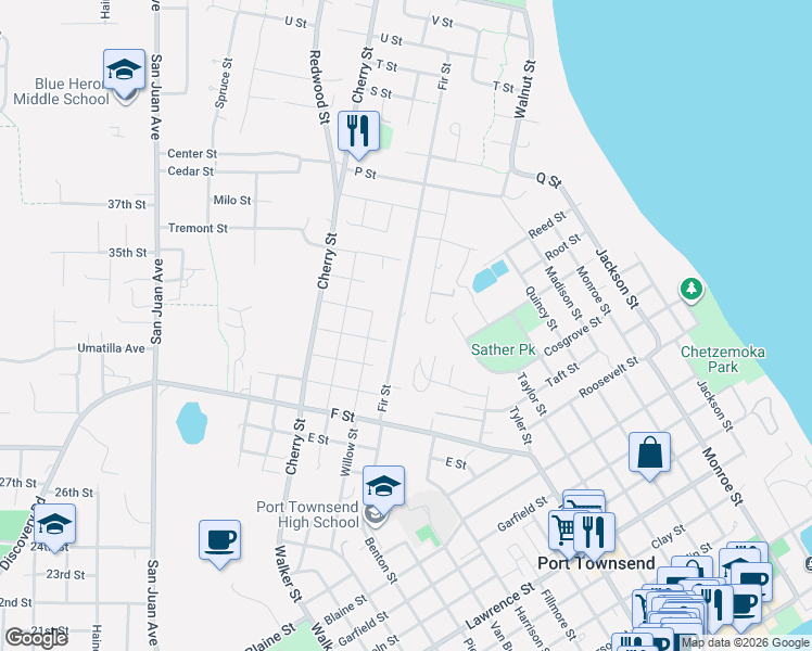 map of restaurants, bars, coffee shops, grocery stores, and more near 929 Maple Street in Port Townsend