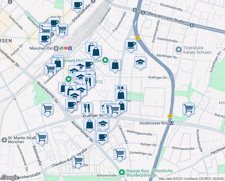 map of restaurants, bars, coffee shops, grocery stores, and more near in Munich