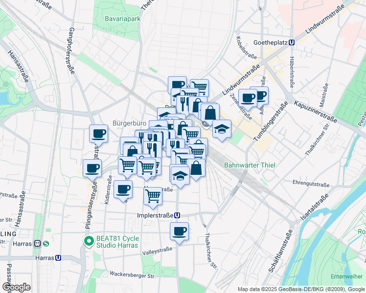 map of restaurants, bars, coffee shops, grocery stores, and more near 9 Implerstraße in München