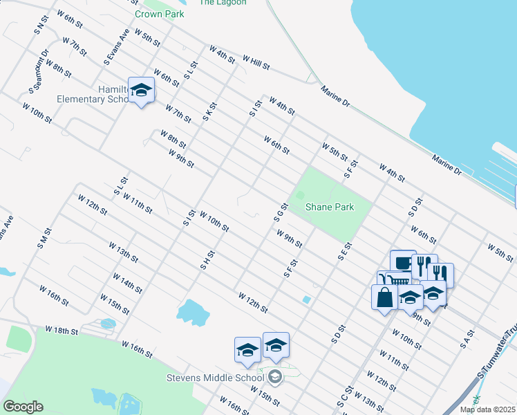 map of restaurants, bars, coffee shops, grocery stores, and more near 900 South G Street in Port Angeles