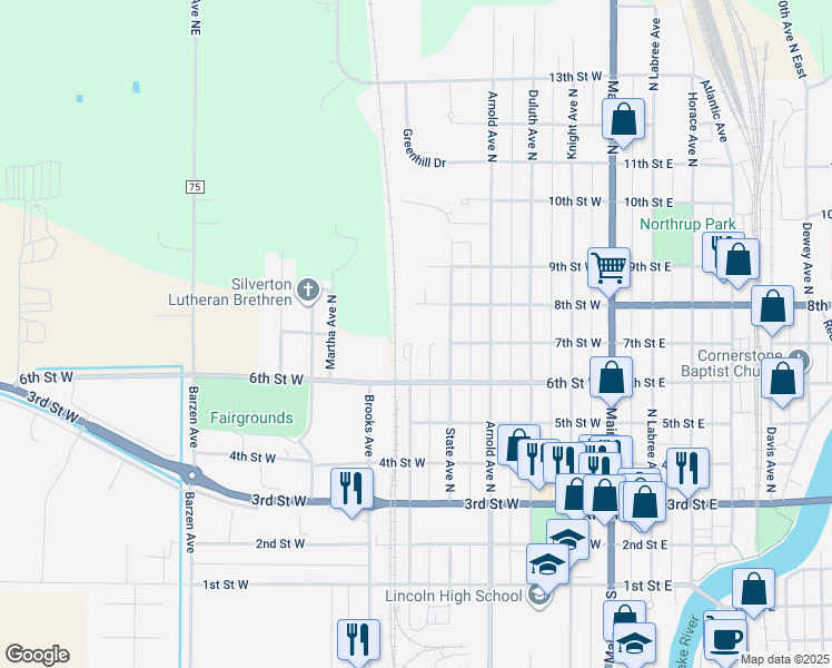 map of restaurants, bars, coffee shops, grocery stores, and more near 624 Kinney Avenue North in Thief River Falls