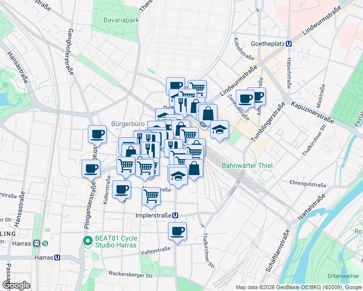 map of restaurants, bars, coffee shops, grocery stores, and more near 9 Implerstraße in München