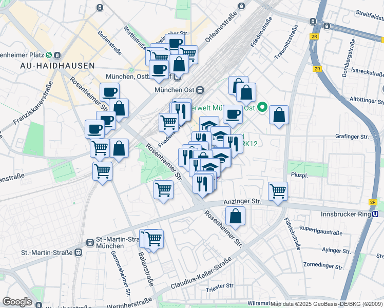 map of restaurants, bars, coffee shops, grocery stores, and more near 143 Rosenheimer Straße in München