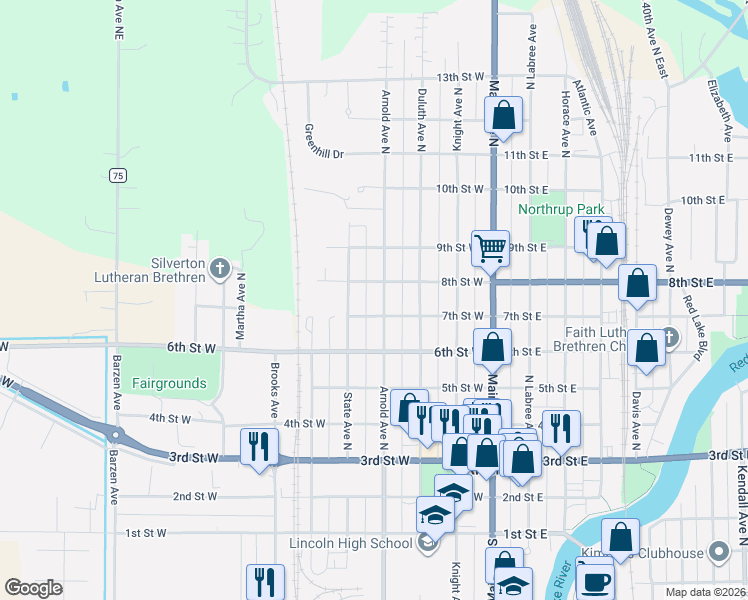 map of restaurants, bars, coffee shops, grocery stores, and more near 618 Arnold Avenue North in Thief River Falls