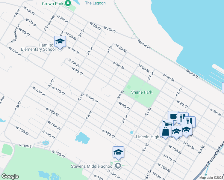 map of restaurants, bars, coffee shops, grocery stores, and more near 900 South G Street in Port Angeles