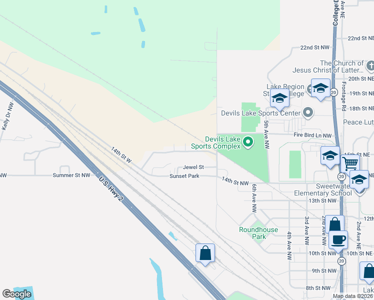 map of restaurants, bars, coffee shops, grocery stores, and more near 4553 8th Avenue Northwest in Devils Lake