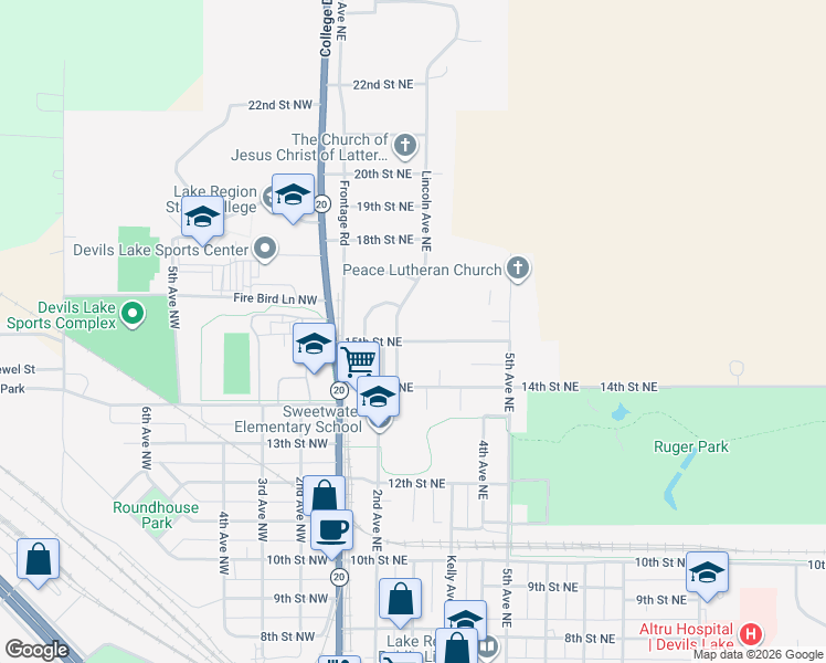 map of restaurants, bars, coffee shops, grocery stores, and more near 1606 Lincoln Avenue Northeast in Devils Lake