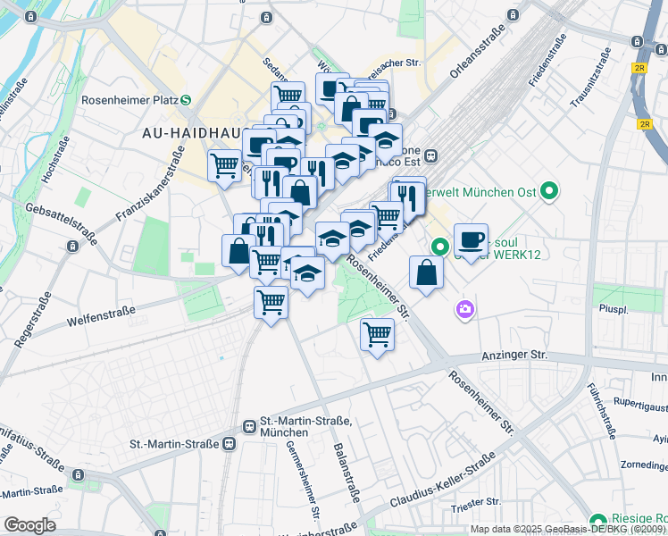map of restaurants, bars, coffee shops, grocery stores, and more near 116 Rosenheimer Straße in München