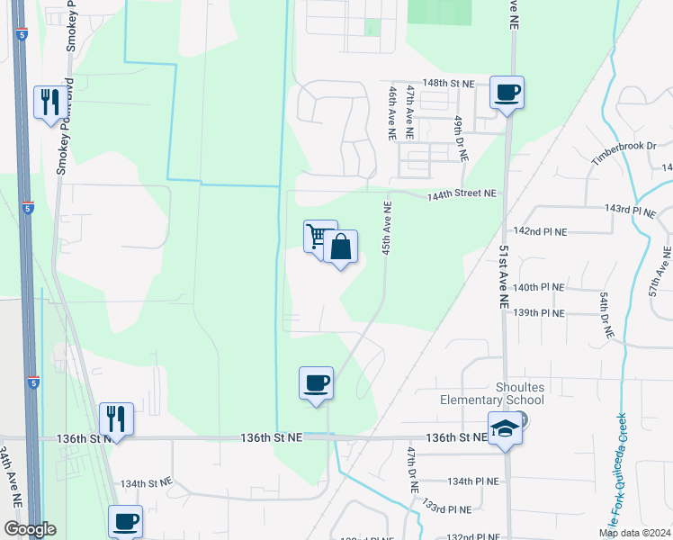 map of restaurants, bars, coffee shops, grocery stores, and more near 13900 45th Avenue Northeast in Marysville