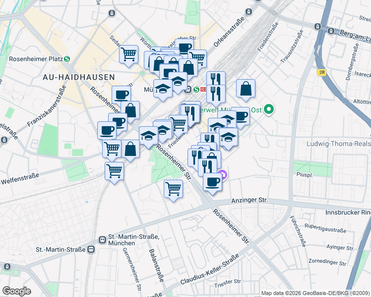 map of restaurants, bars, coffee shops, grocery stores, and more near 4 Friedenstraße in München