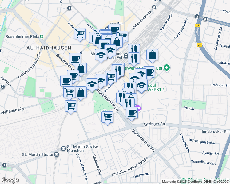 map of restaurants, bars, coffee shops, grocery stores, and more near 4 Friedenstraße in München