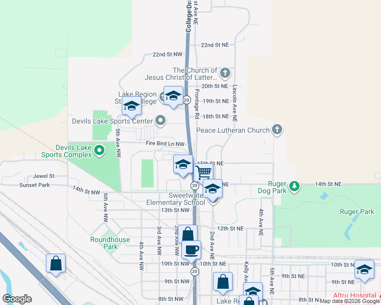 map of restaurants, bars, coffee shops, grocery stores, and more near 1601 College Drive North in Devils Lake