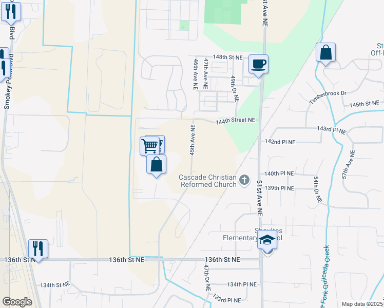 map of restaurants, bars, coffee shops, grocery stores, and more near 13900 45th Avenue Northeast in Marysville