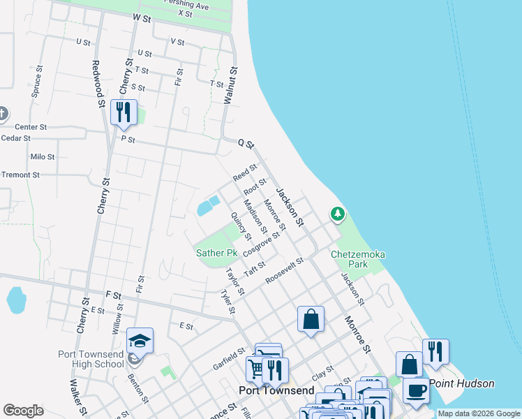 map of restaurants, bars, coffee shops, grocery stores, and more near 519 Foster Street in Port Townsend