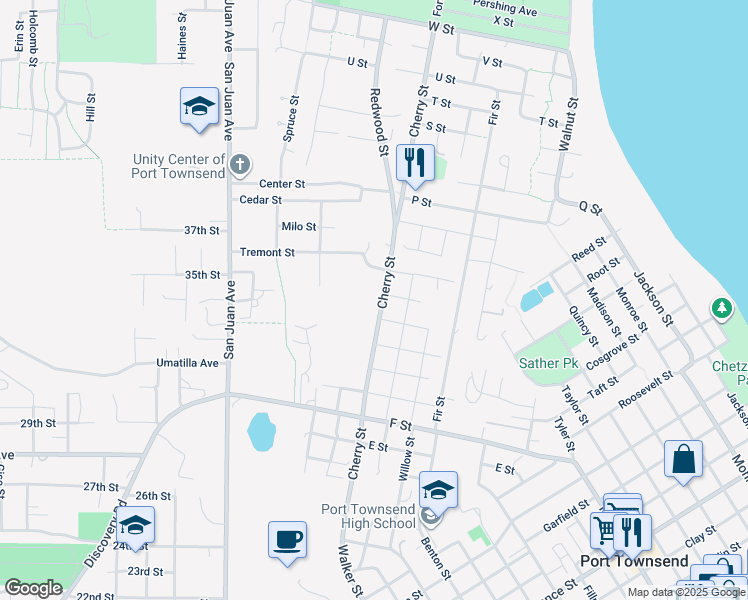 map of restaurants, bars, coffee shops, grocery stores, and more near 909 L Street in Port Townsend