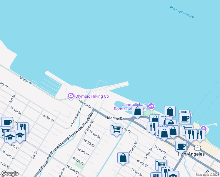 map of restaurants, bars, coffee shops, grocery stores, and more near 100-298 North Cedar Street in Port Angeles