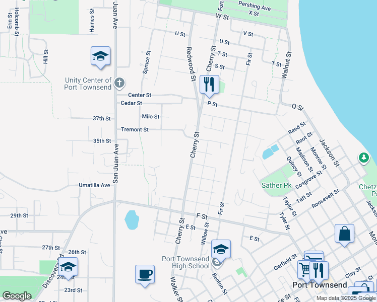 map of restaurants, bars, coffee shops, grocery stores, and more near 909 L Street in Port Townsend