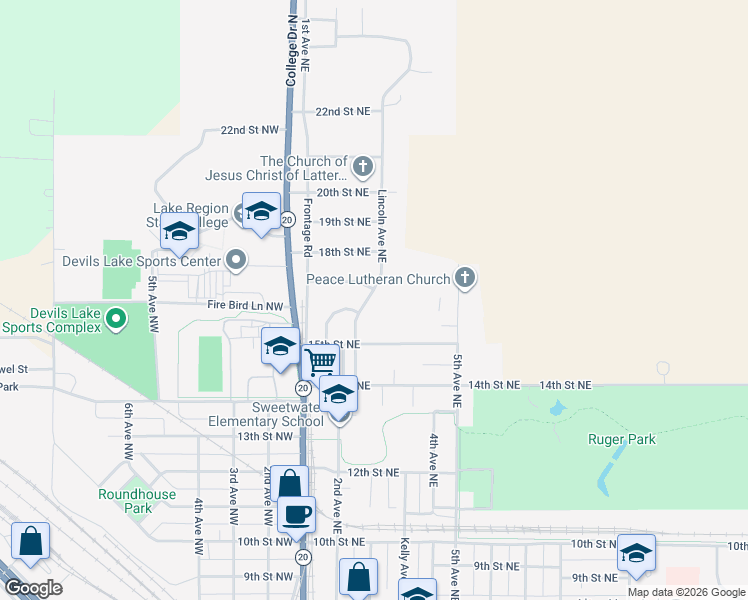 map of restaurants, bars, coffee shops, grocery stores, and more near 1606 Lincoln Avenue Northeast in Devils Lake