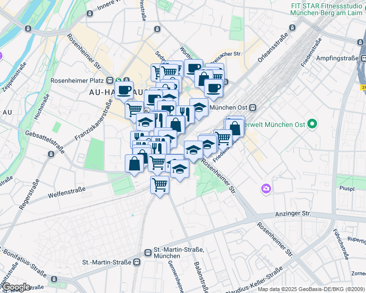 map of restaurants, bars, coffee shops, grocery stores, and more near 112 Rosenheimer Straße in München