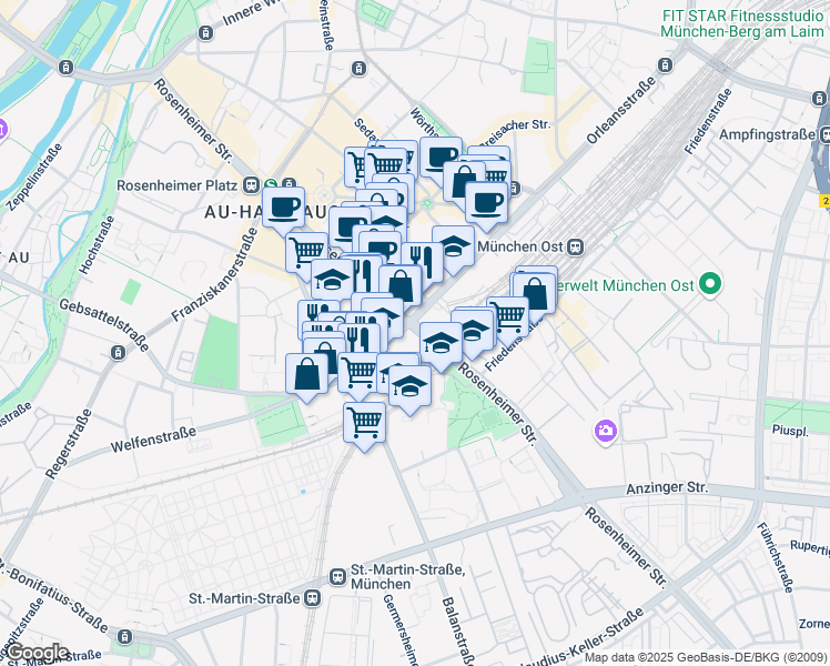 map of restaurants, bars, coffee shops, grocery stores, and more near 112 Rosenheimer Straße in München