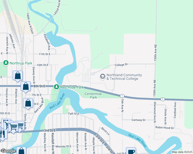 map of restaurants, bars, coffee shops, grocery stores, and more near 1101 Minnesota 1 in Thief River Falls
