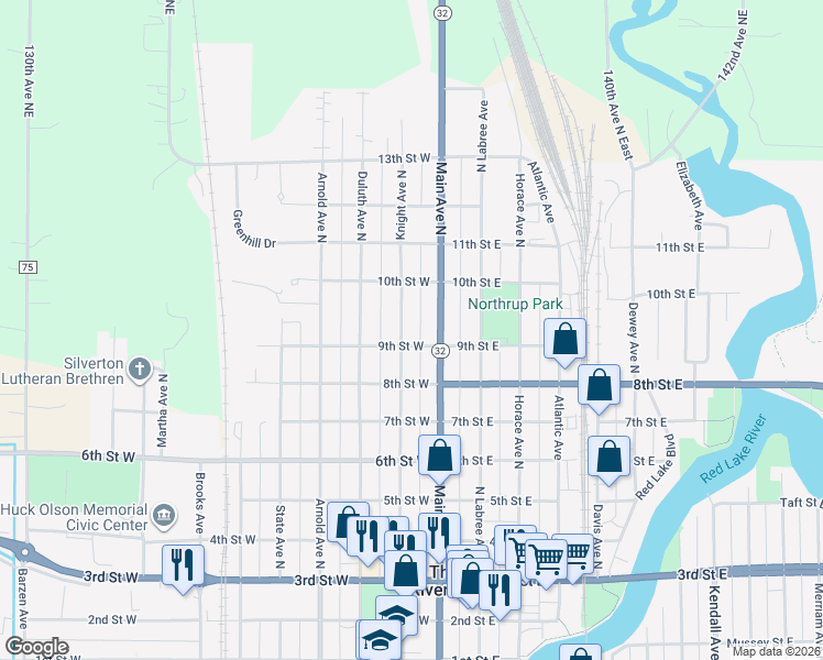 map of restaurants, bars, coffee shops, grocery stores, and more near 916 Knight Avenue North in Thief River Falls
