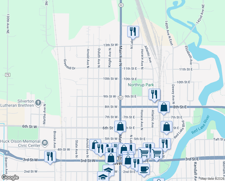 map of restaurants, bars, coffee shops, grocery stores, and more near 916 Knight Avenue North in Thief River Falls