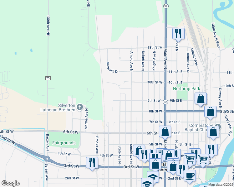 map of restaurants, bars, coffee shops, grocery stores, and more near 918 State Avenue North in Thief River Falls