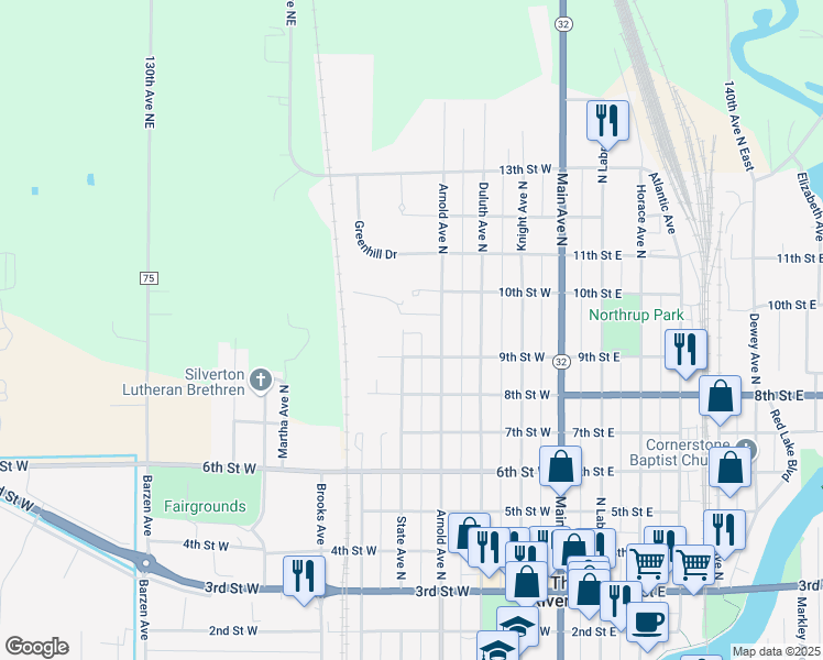 map of restaurants, bars, coffee shops, grocery stores, and more near 918 State Avenue North in Thief River Falls
