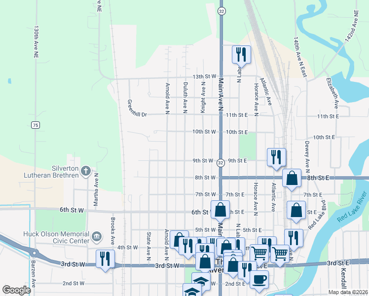 map of restaurants, bars, coffee shops, grocery stores, and more near 918 Duluth Avenue North in Thief River Falls