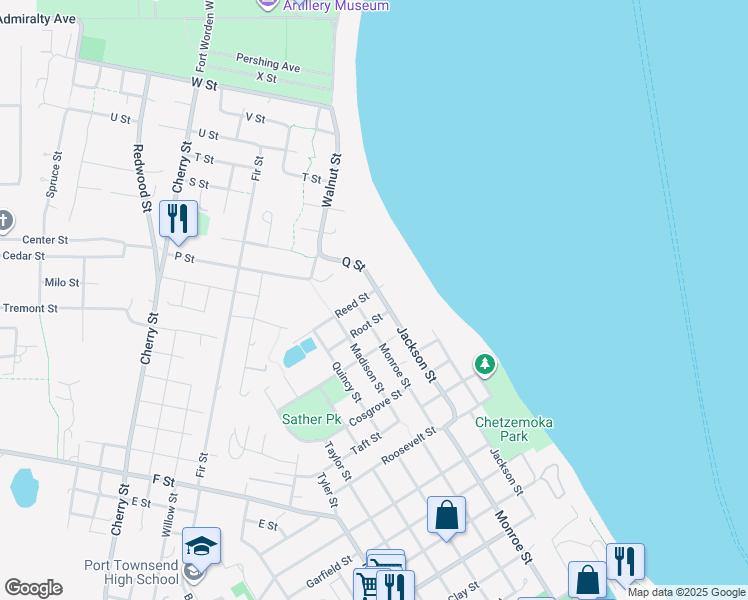 map of restaurants, bars, coffee shops, grocery stores, and more near 1733 Jackson Street in Port Townsend