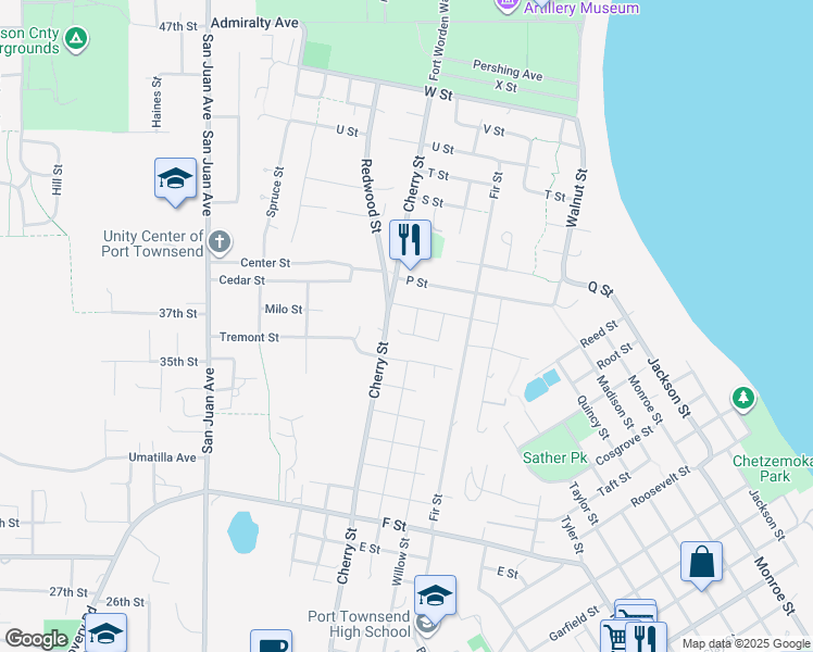 map of restaurants, bars, coffee shops, grocery stores, and more near 830 N Street in Port Townsend