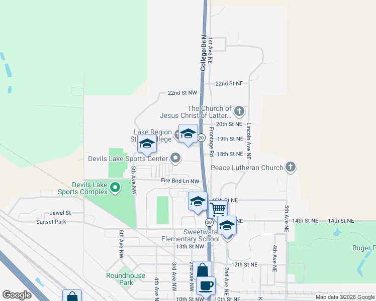 map of restaurants, bars, coffee shops, grocery stores, and more near 1601 College Drive North in Devils Lake