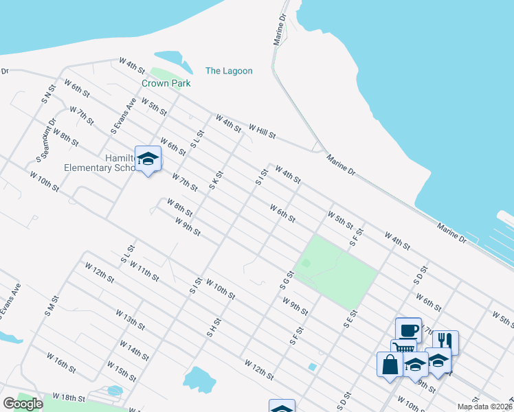 map of restaurants, bars, coffee shops, grocery stores, and more near 1516 West 6th Street in Port Angeles