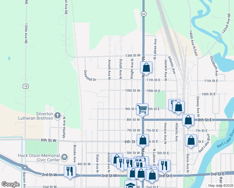 map of restaurants, bars, coffee shops, grocery stores, and more near 918 Duluth Avenue North in Thief River Falls