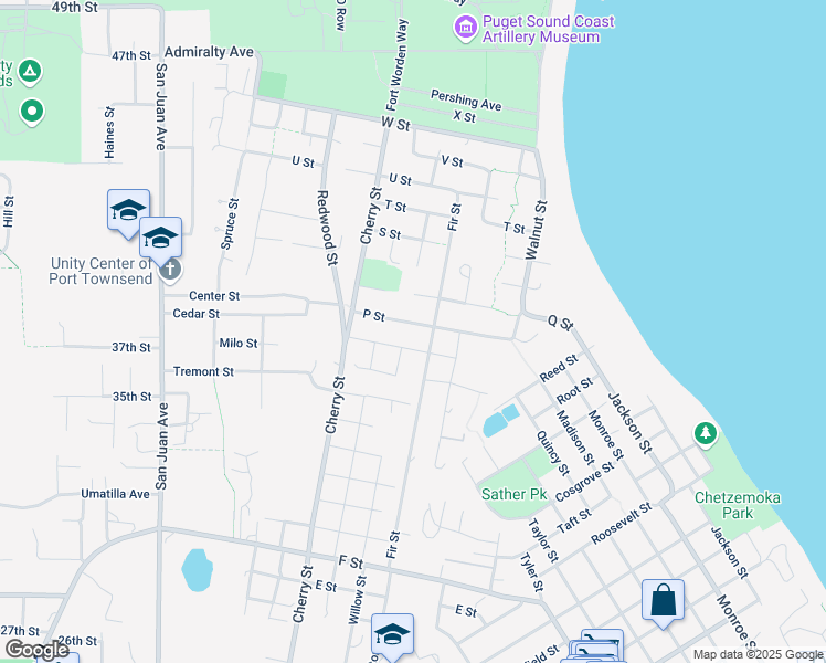 map of restaurants, bars, coffee shops, grocery stores, and more near 1635 Fir Street in Port Townsend