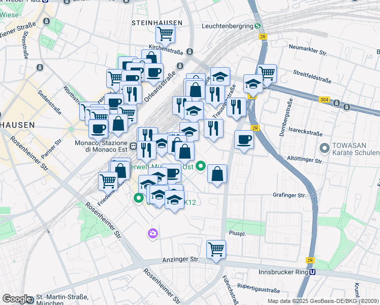map of restaurants, bars, coffee shops, grocery stores, and more near 24 Friedenstraße in München