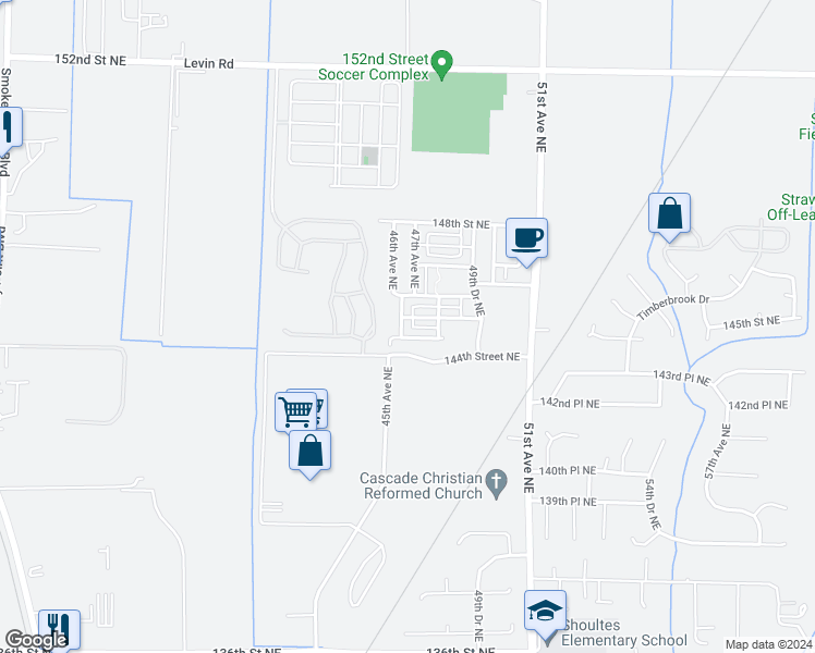 map of restaurants, bars, coffee shops, grocery stores, and more near 14433 46th Drive Northeast in Marysville