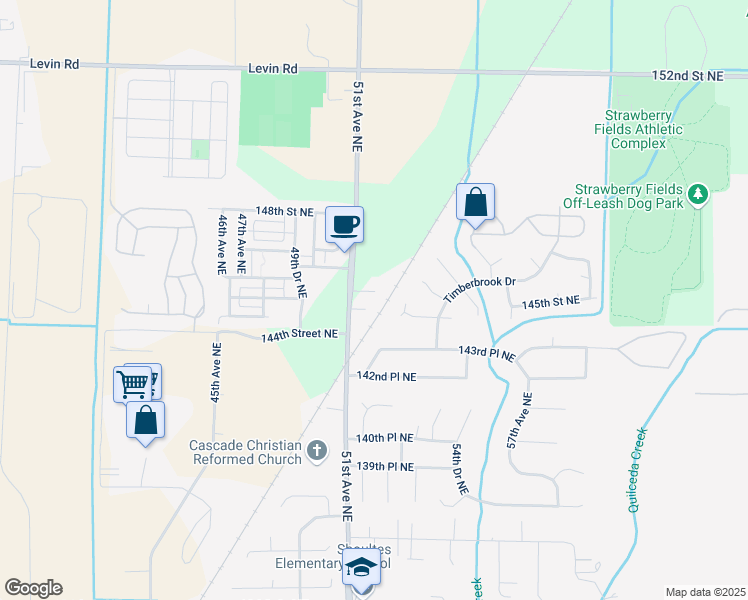 map of restaurants, bars, coffee shops, grocery stores, and more near 14425 51st Avenue Northeast in Marysville
