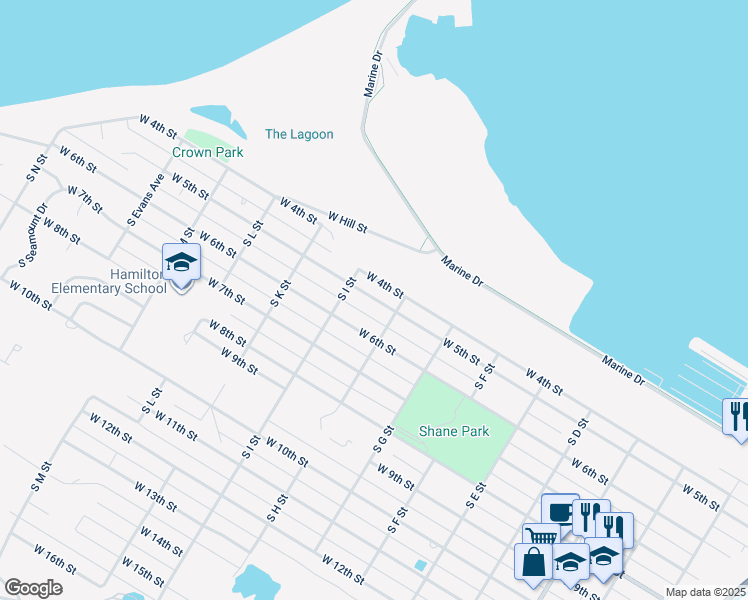 map of restaurants, bars, coffee shops, grocery stores, and more near 1515 West 5th Street in Port Angeles