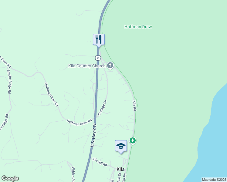 map of restaurants, bars, coffee shops, grocery stores, and more near 215 Kila Road in Kila